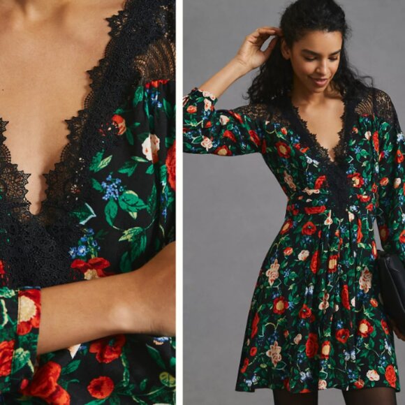 Anthropologie Dresses & Skirts - By Anthropologie Lacy V-Neck Mini Dress Floral Black Long Sleeve Size 2